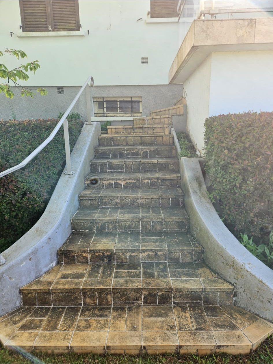 Avant : escalier carrelé noirci et verdi.